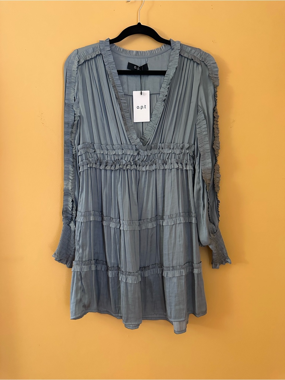 O.P.T. One Pretty Time Pleated Ruffle Mini Dress – Dusty Blue/Gray